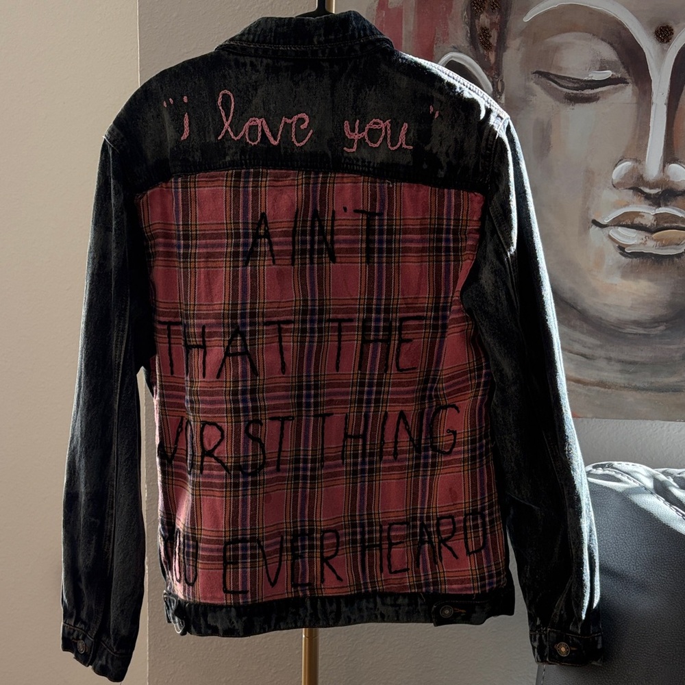 Plaid and Denim Jacket with Graphic Text